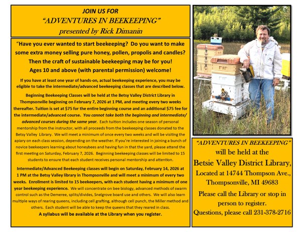 Beginning and Advanced Beekeeping Classes Program flyer with a picture of Rick Dimanin standing by beehives