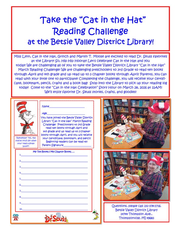 Cat in the Hat Reading Challenge flyer with pictures of Lynn Ufer sitting at the children's table with Cat in the Hat prizes