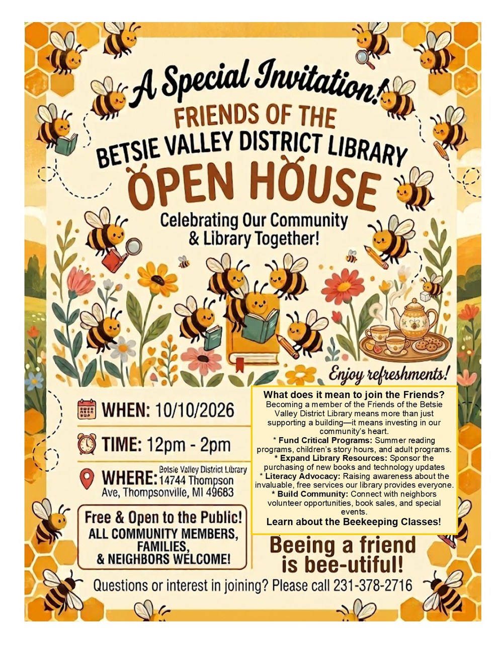Friends of the BVDL Open House flyer with illustrations of bee with books