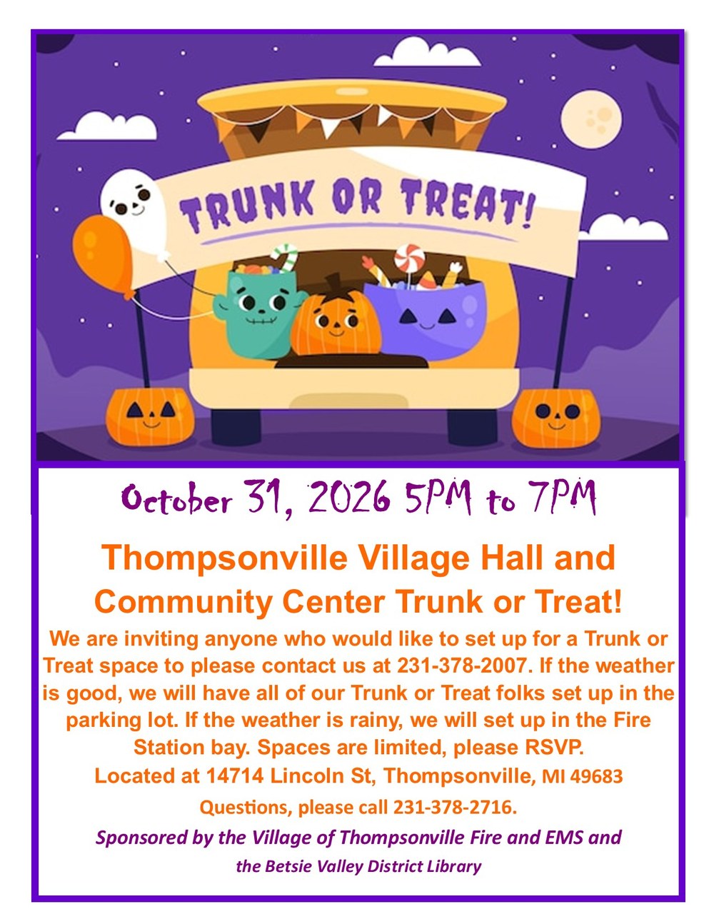 Cartoon Car decorated for Halloween Trunk or Treat with baskets of candy